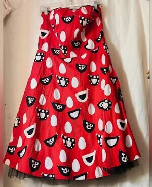 Vintage sZ Med Rockabilly Strapless Red Peeking Petty Coat Dress Printed Midi